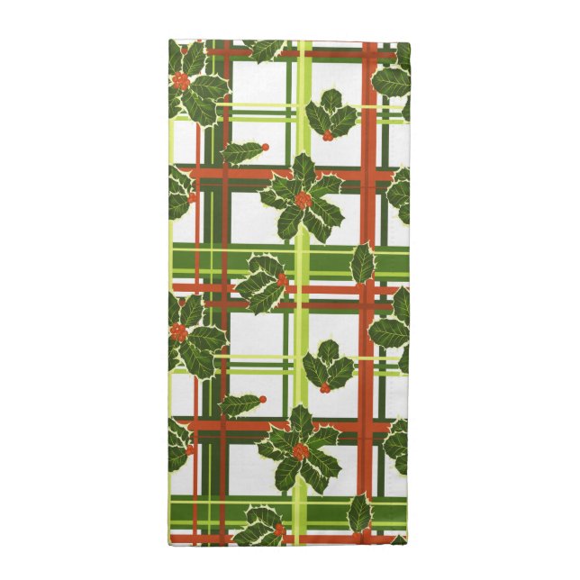 White Plaid Holly Christmas Cloth Napkin (Half Fold)