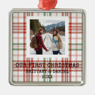 White Plaid Our First Christmas Metal Ornament