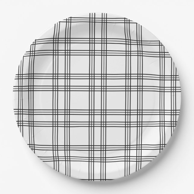White Plaid Tartan With Black Lines Paper Plates (Front)