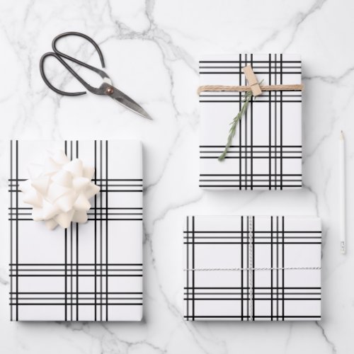 White Plaid Tartan With Black Lines Wrapping Paper Sheets