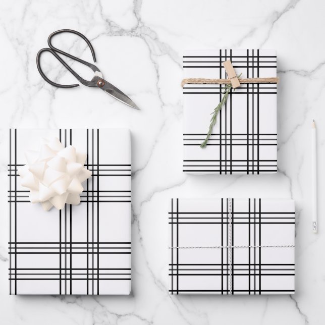 White Plaid Tartan With Black Lines Wrapping Paper Sheets (Front)