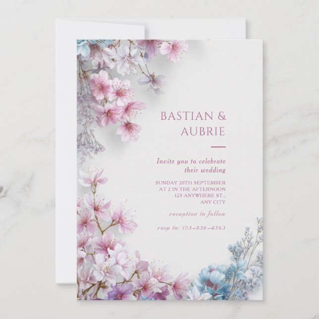 White Plaster Pink Sakura Botanical Border Wedding Invitation (Front)