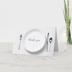white plate with silverware thank you card