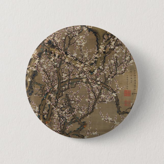 White Plum Blossoms and Moon by Ito Jakuchu Button (Front)