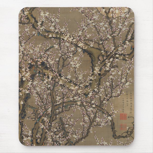 White Plum Blossoms and Moon by Ito Jakuchu Mouse Pad (Front)