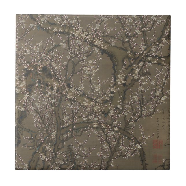 White Plum Blossoms and Moon - Itō Jakuchū Art  Ceramic Tile (Front)