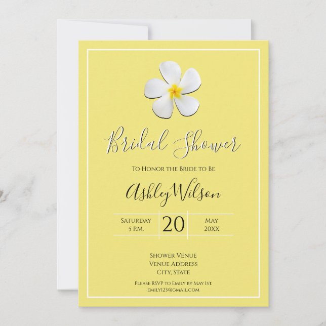White Plumeria Flower on Yellow, Bridal Shower Invitation (Front)
