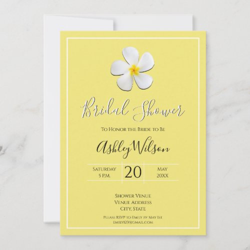 White Plumeria Flower on Yellow Bridal Shower Invitation