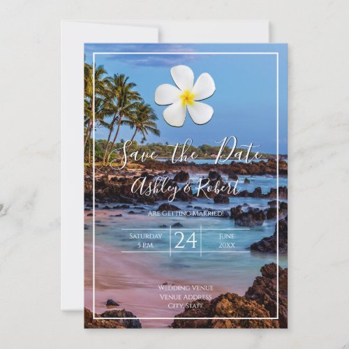 White Plumeria Flower Tropical Beach Save Date Invitation