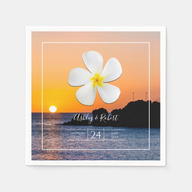 White Plumeria Flower with Golden Sunset, Napkins (Front)