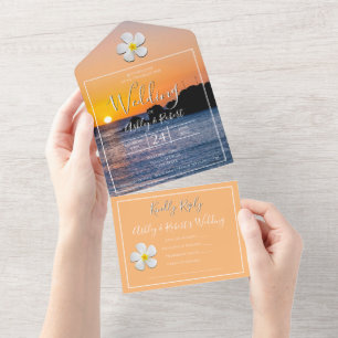 White Plumeria Flower with Golden Sunset, Wedding All In One Invitation