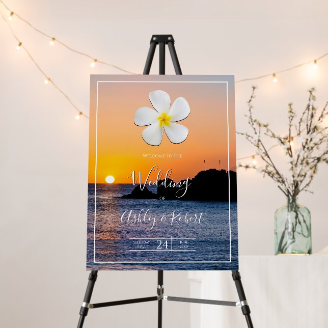 White Plumeria Flower with Golden Sunset, Wedding Foam Board (In Situ (Stand))