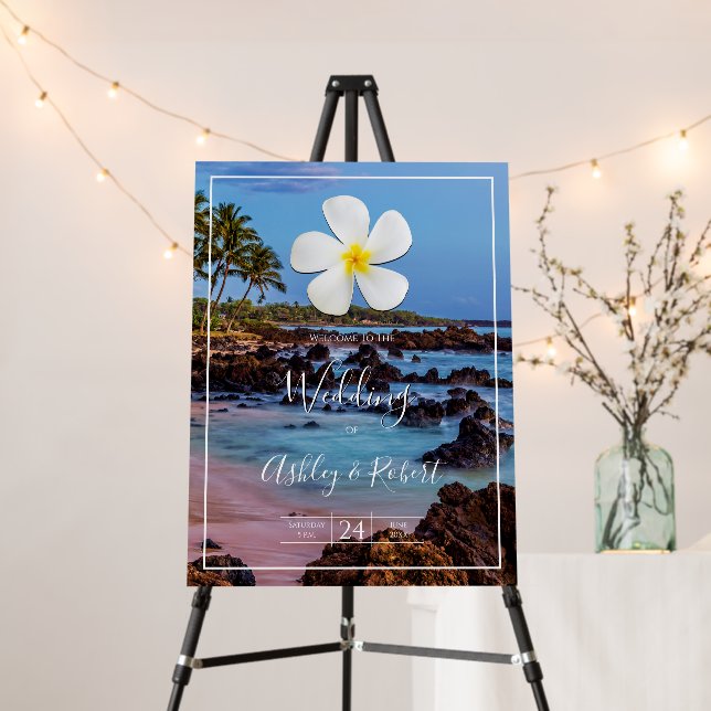 White Plumeria Flower with Tropical Beach, Wedding Foam Board (In Situ (Stand))