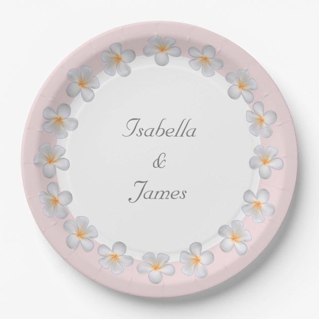 White Plumeria Flowers on Light Pink & White Party Paper Plates (Front)