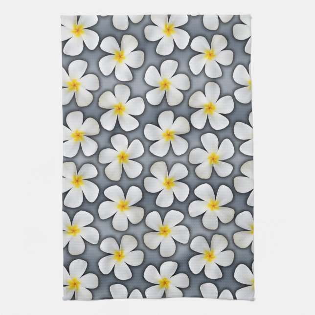 White Plumeria Flowers on Silver Kitchen Towel (Vertical)