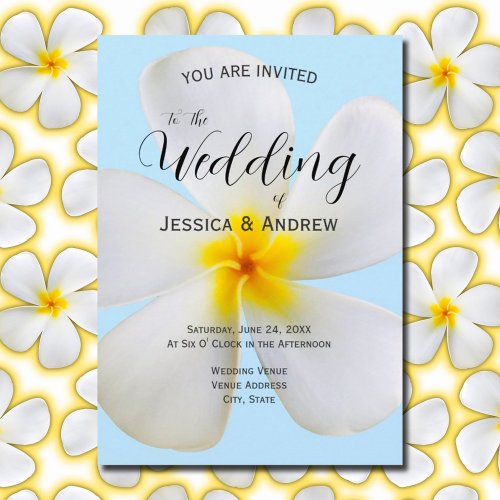 White Plumeria on Blue Tropical Floral Wedding Invitation