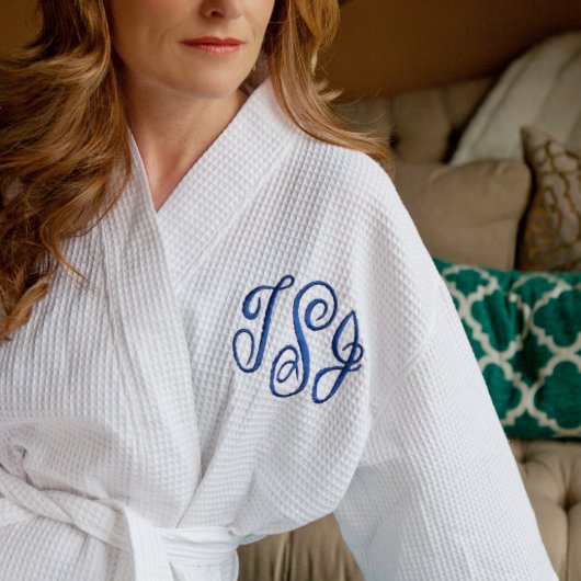 White Plus Size Waffle Robe with Blue Monogram (Front)