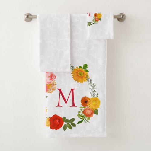 White Plush Damask And Floral Wreath Bath Towel Set
