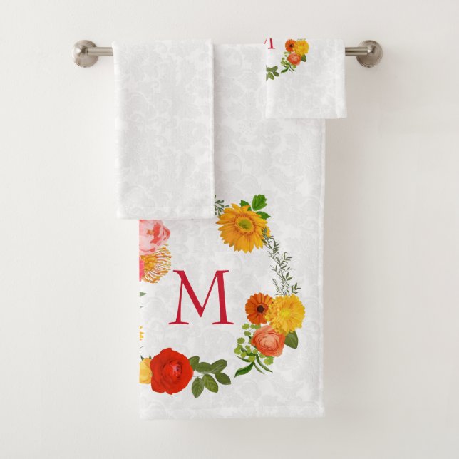 White Plush Damask And Floral Wreath Bath Towel Set (Insitu)