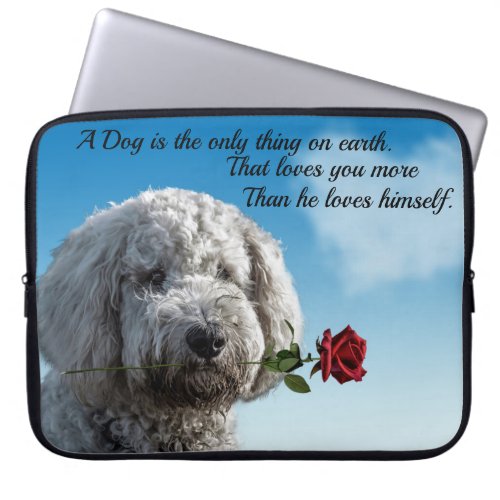 White poddle dog puppy with a red rose Dog Quote Laptop Sleeve