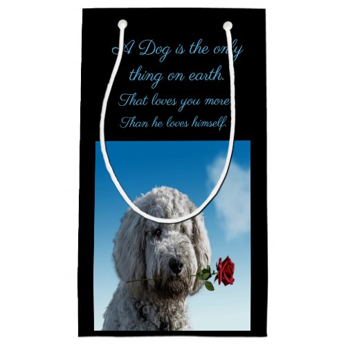 White poddle dog puppy with a red rose Dog Quote Small Gift Bag