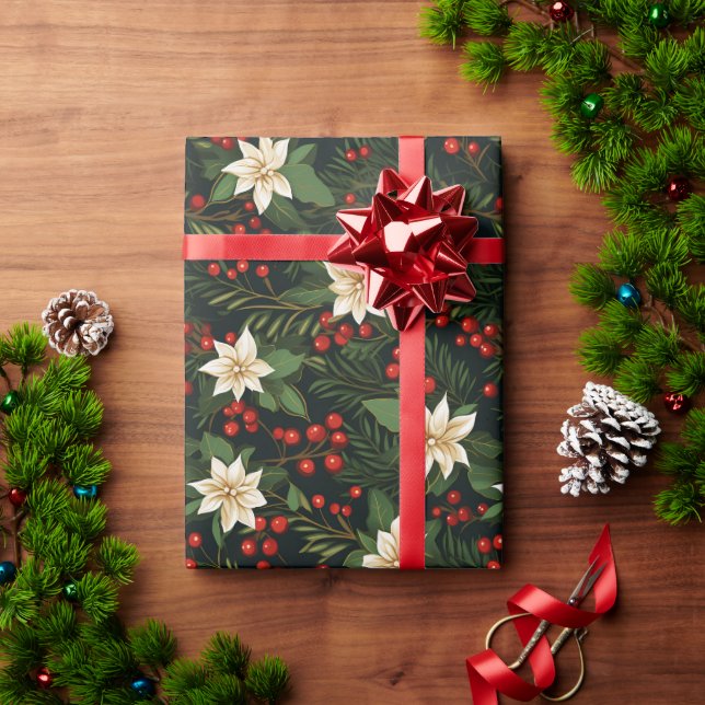 White Poinsettia and Red Holly Berries  Wrapping Paper (Holiday Gift)