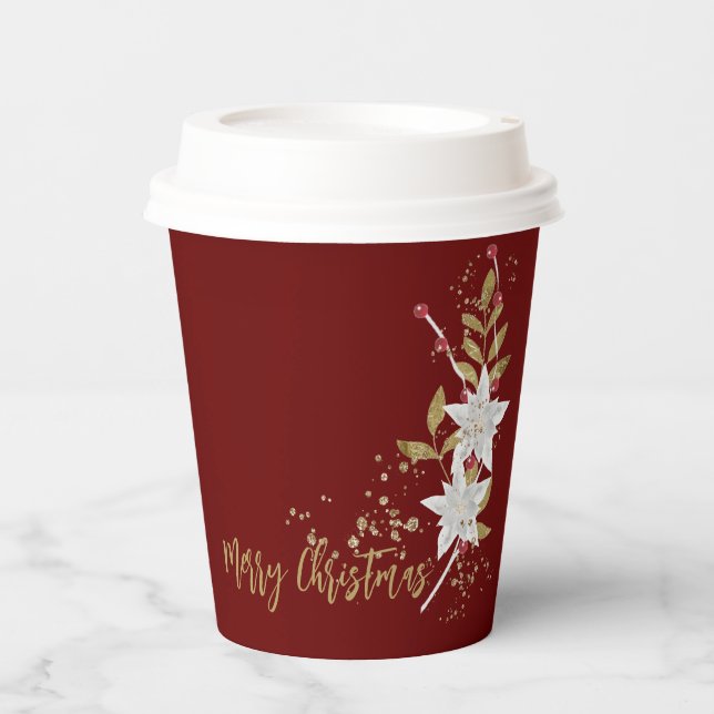 White Poinsettia Burgundy Gold Glitter Traditional Paper Cups (Front)