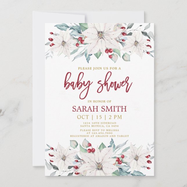 White poinsettia Christmas Baby Shower Invitation (Front)