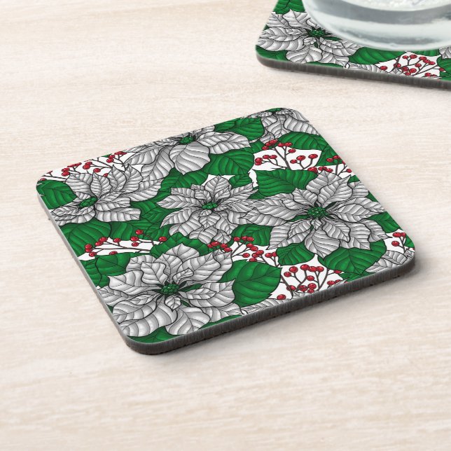 White poinsettia, Christmas pattern Beverage Coaster (Left Side)