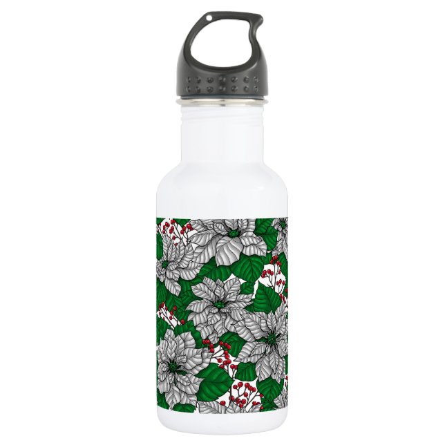 White poinsettia, Christmas pattern Stainless Steel Water Bottle (Front)