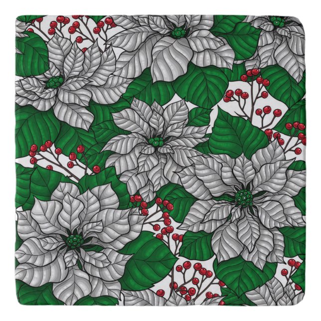 White poinsettia, Christmas pattern Trivet (Front)