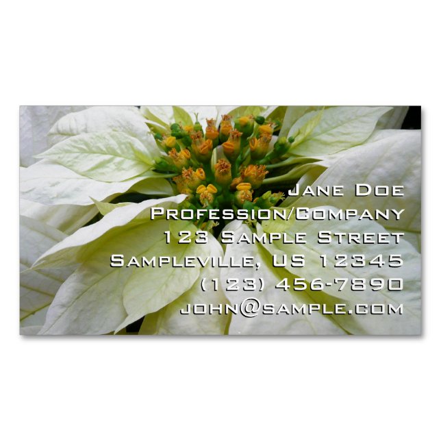 White Poinsettia Elegant Christmas Holiday Floral Business Card Magnet (Front)