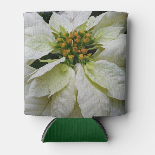 White Poinsettia Elegant Christmas Holiday Floral Can Cooler (Front)