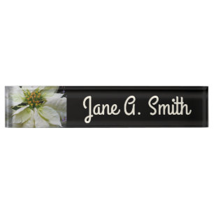 White Poinsettia Elegant Christmas Holiday Floral Desk Name Plate