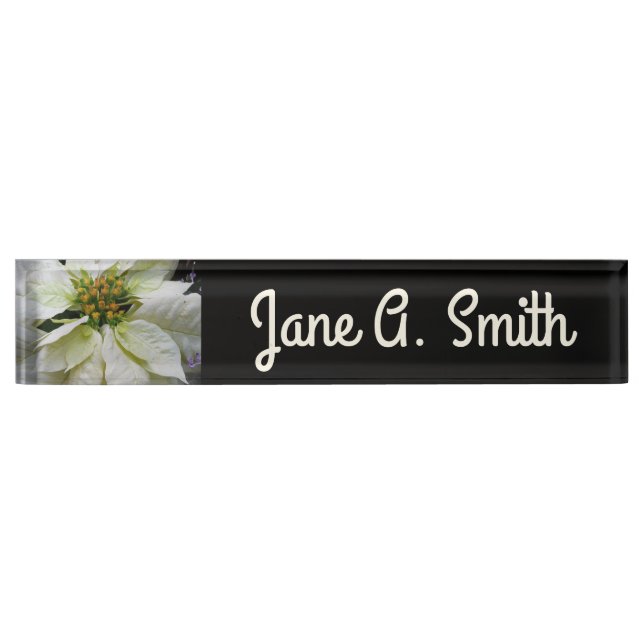 White Poinsettia Elegant Christmas Holiday Floral Desk Name Plate (Front)