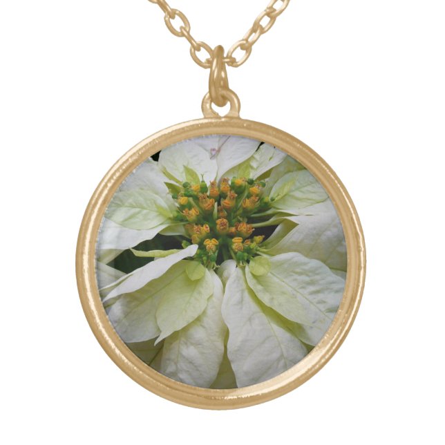 White Poinsettia Elegant Christmas Holiday Floral Gold Plated Necklace (Front)