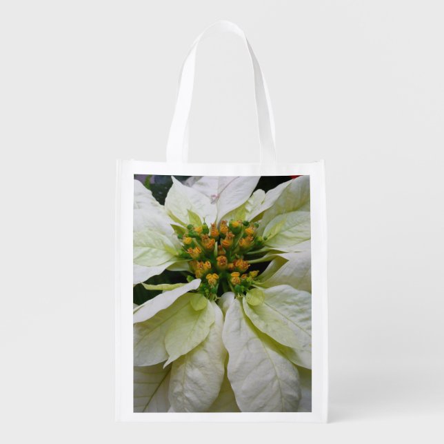 White Poinsettia Elegant Christmas Holiday Floral Grocery Bag (Front)