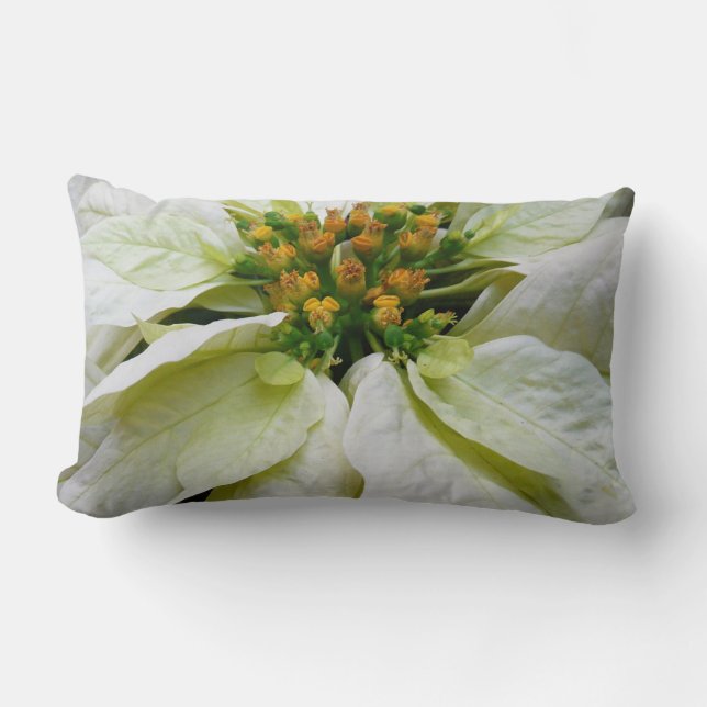 White Poinsettia Elegant Christmas Holiday Floral Lumbar Pillow (Front)