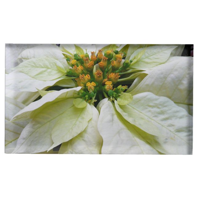 White Poinsettia Elegant Christmas Holiday Floral Place Card Holder (Front)
