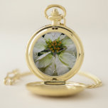 White Poinsettia Elegant Christmas Holiday Floral Pocket Watch