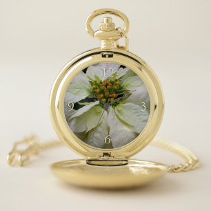 White Poinsettia Elegant Christmas Holiday Floral Pocket Watch