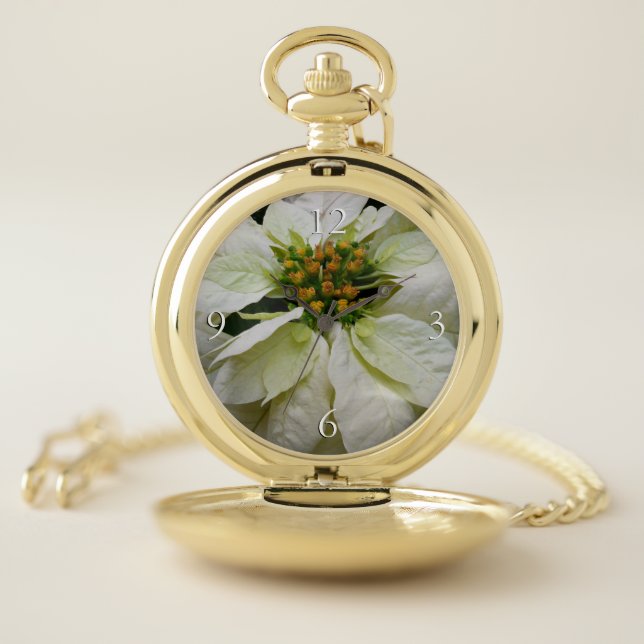 White Poinsettia Elegant Christmas Holiday Floral Pocket Watch (Inside)