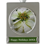White Poinsettia Elegant Christmas Holiday Floral Silver Plated Banner Ornament
