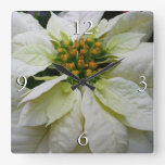 White Poinsettia Elegant Christmas Holiday Floral Square Wall Clock