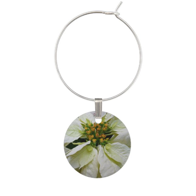White Poinsettia Elegant Christmas Holiday Floral Wine Charm (Front)
