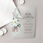 White Poinsettia Floral 40th Birthday Party Acrylic Invitations<br><div class="desc">A perfect invitation for celebrating a 40th birthday during the Christmas holiday season, this elegant floral design features a lovely white watercolor poinsettia with eucalyptus, red berries and holly and a sage green background. Personalized with your specific party details. The age may be personalized to any age. For your convenience,...</div>