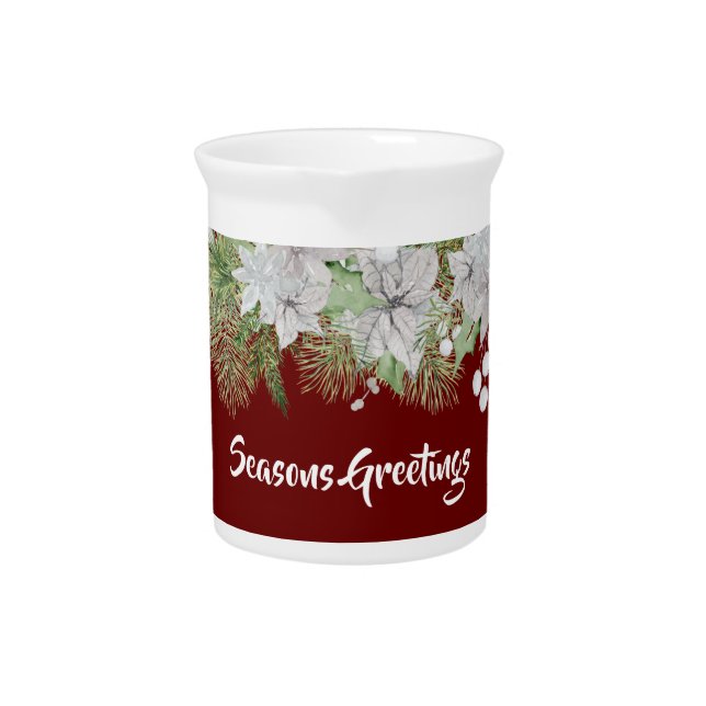 White Poinsettia Garland Holiday Beverage Pitcher (Front)