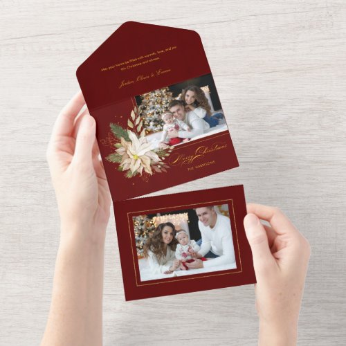White Poinsettia Gold Greenery Calligraphy Photo All In One Invitation