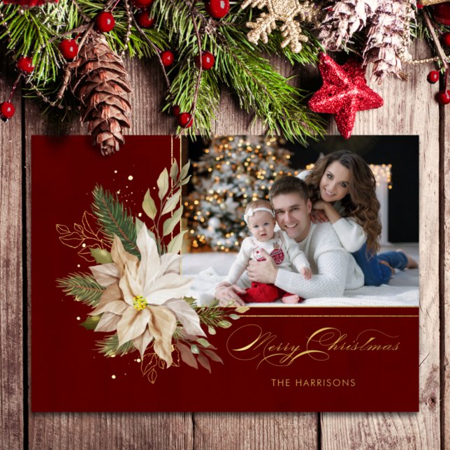 White Poinsettia, Gold Greenery Calligraphy Photo Foil Holiday Card (Creator Uploaded)
