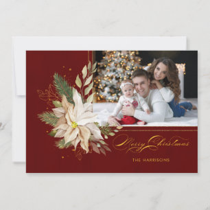 White Poinsettia, Gold Greenery Calligraphy Photo Holiday Card